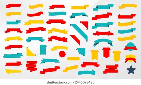 Ribbon elements set. Starburst label. Vintage. Modern simple flat ribbons collection. Colorful Vector Ribbon Banners. Vector illustration.