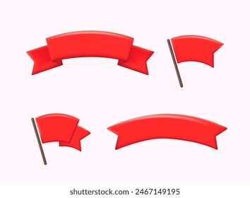 Ribbon elements. Starburst label. Modern simple ribbons collection. 3D web Vector Illustrations.