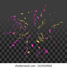 Ribbon Falling Explosion of multi-colored confetti, clapperboard. Confetti, streamer, on a transparent background. Holiday, birthday