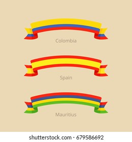 Ribbon with flag of Colombia, Spain and Mauritius in flat design style.