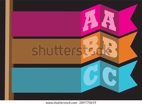 Ribbon flag with copy space\
and alphabets as bullet points. Abstract vector background layout\
design isolated on black background for list, index or content page\
