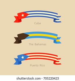 Ribbon with flag of Cuba, The Bahamas and Puerto Rico in flat design style.