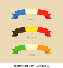 Ribbon with flag of France, Belgium and Ireland in flat design style.