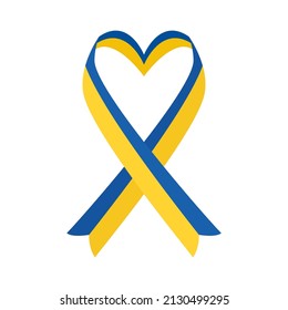 Ribbon flag ukraine in heart shape icon vector. Russian ukrainian conflict symbol. Ribbon in colors of ukraine flag icon vector isolated on a white background