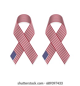 Ribbon flag of the United States of America (USA) isolated on white background, front and back view, a vector illustration.
