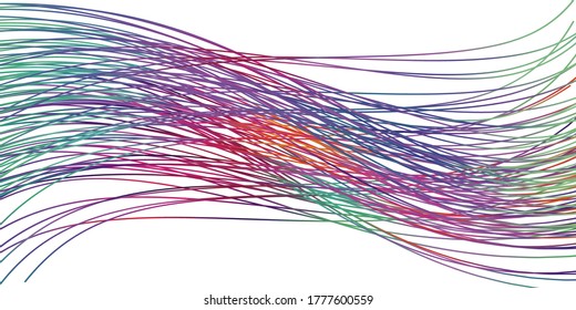Ribbon flow color swirl strokes. Wave sea isolated random lines. Wires as hair beam sheaf. Liquid paint ink shape isolated on white background. Artistic abstract trace swirl illustration cover page.