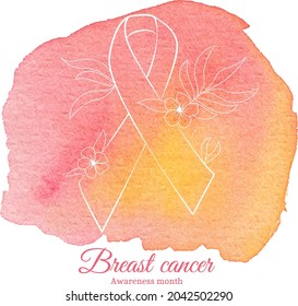 Ribbon with flowers on a watercolor background as a sign of the fight against breast cancer