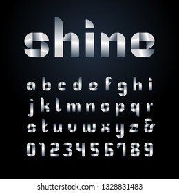 Ribbon font. Vector alphabet with silver effect letters and numbers.
