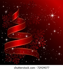 Ribbon in the form of the Christmas tree with stars and snowflakes on red background, illustration