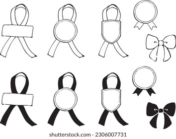 Ribbon frame with label sticker. Black-and-white hand-drawn line drawings.