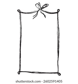 Ribbon frame with tied bow in black brush stroke texture isolated on white background. Hand drawn vector sketch illustration in vintage charcoal ink. Greeting card design, invitation element