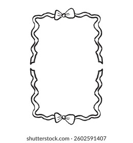Ribbon frame with tied bow in black brush stroke texture isolated on white background. Hand drawn vector sketch illustration in vintage charcoal ink. Greeting card design, invitation element