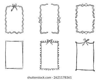 Ribbon frame with tied bow in black brush stroke texture isolated on white background. Hand drawn vector sketch illustration in vintage charcoal ink. Greeting card design, invitation element