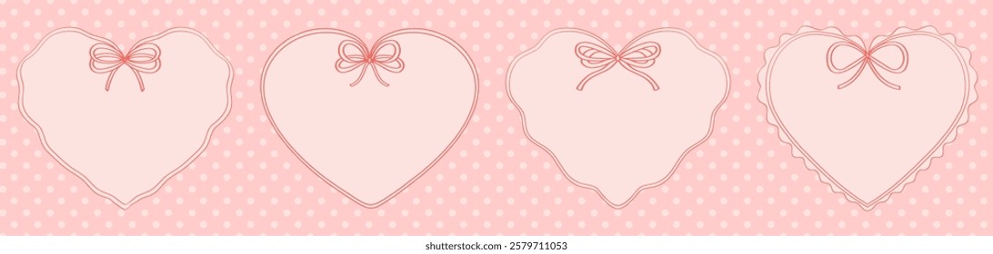 Ribbon frames with bow. Set of heart shaped frames with bow isolated on pink dotted pattern. Perfect for romantic designs, invitations, feminine designs or Valentine's Day themes.