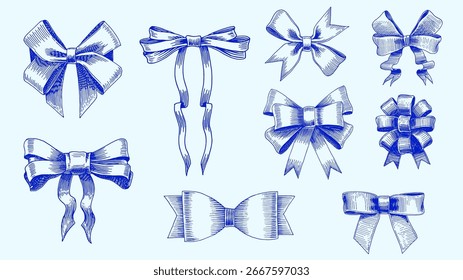 Band Geschenkbogen in handgezeichnet, Stich. Kollektion von dekorativen Feiertagselementen für Geburtstag, Hochzeit oder Weihnachtsfeier. 