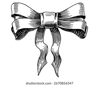 Lazo de regalo de la cinta en mano dibujado, estilo del grabado. Colección de Elementos decorativos de vacaciones para cumpleaños, bodas o celebración de Navidad. 