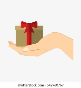 Ribbon gift box present on hand. Isolated on white background. Flat vector stock illustration
