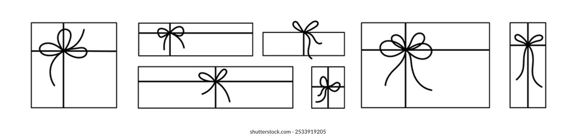 Ribbon, gift box set. Hand drawn thin line vector stroke. White outline icons for holiday design. Doodle festive, birthday package decoration. Special offer, weekend sale price sign. Editable stroke