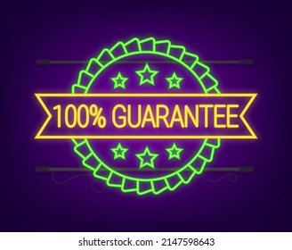 Ribbon with gold 100 guarantee. Banner sale. Business circle. Approval neon icon. Vector stock illustration.