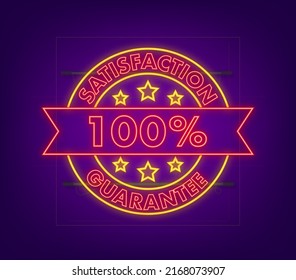 Ribbon with gold 100 guarantee. Neon icon. Banner sale. Business circle. Approval icon. Vector stock illustration