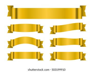 Ribbon gold banners set. Sign golden satin blank for promotion, web, advertising text. Collection shiny scrolls design decoration elements. Symbol vintage label, isolated on white. Vector illustration