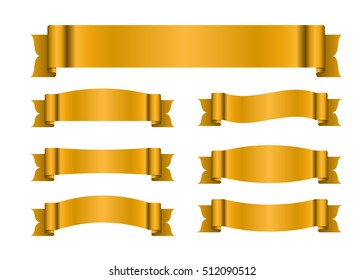 Ribbon gold banners set. Sign golden satin blank for promotion, web, advertising text. Collection shiny scrolls design decoration elements. Symbol vintage label, isolated on white. Vector illustration
