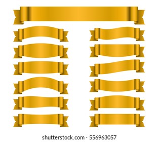 Ribbon gold banners set. Sign golden satin blank for promotion, web, advertising text. Collection shiny scrolls design decoration elements. Symbol vintage label, isolated on white. Vector illustration