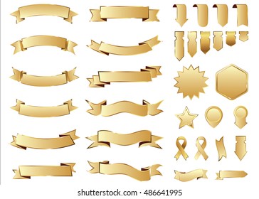 Ribbon Gold Vector Icon On White Background. Banner Isolated Shapes Illustration Of Gift And Accessory. Christmas Sticker And Decoration For App And Web. Label, Badge And Borders Collection.