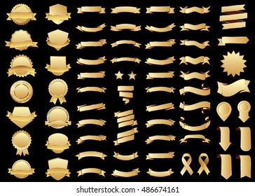 Ribbon gold vector icon on black background. Banner isolated shapes illustration of gift and accessory. Christmas sticker and decoration for app and web. Label, badge and borders collection.