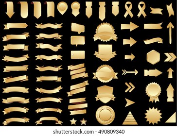 Ribbon gold vector icon on black background. Banner isolated shapes illustration of gift and accessory. Christmas sticker and decoration for app and web. Label, badge and borders collection.