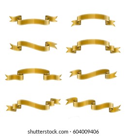 Ribbon gold vector icon on white background. Banner isolated shapes illustration of gift and accessory. Christmas sticker and decoration for app and web. Label, badge and borders collection.