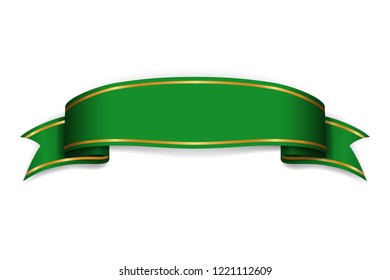 Ribbon green banner. Sign satin blank promotion, web, advertising banner. Shiny ribbon scroll design decoration element. Vintage label isolated on white background Vector illustration