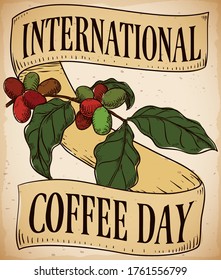
Ribbon with greeting message around coffee plant in hand drawn style with grown up beans to celebrate International Coffee Day.