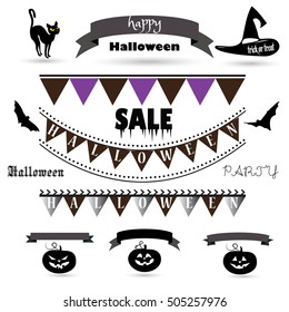 Ribbon. Halloween Banner. Halloween ribbon. Halloween pumpkin icon. Halloween banners, icons, ribbon, labels and symbols set. Magic hat, black cat, bat, Happy Halloween, Halloween elements clip art.