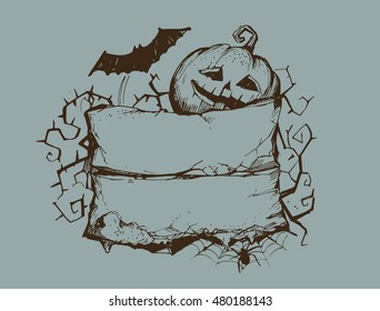 Ribbon for Halloween with pumpkin and bats. Vector illustration