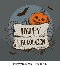 Ribbon for Halloween with pumpkin and bats. Vector illustration