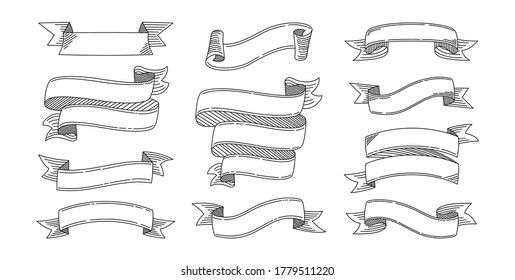 Ribbon hand drawn set. Design different ribbons sketch cartoon collection. Tape blank for greeting cards, grunge banners or invitations. Web icon kit of text banner tapes. Isolated vector illustration