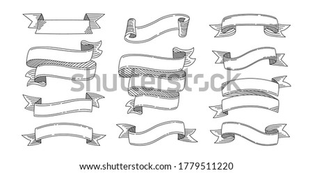 Ribbon hand drawn set. Design different ribbons sketch cartoon collection. Tape blank for greeting cards, grunge banners or invitations. Web icon kit of text banner tapes. Isolated vector illustration