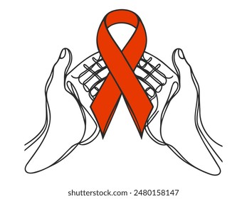 Ribbon in hands, symbolizing measures to prevent disease. You can edit the color.