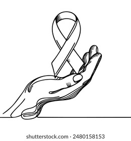 Ribbon in hands, symbolizing measures to prevent disease. You can edit the color.