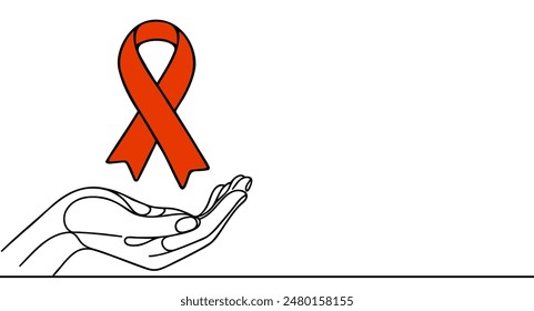 Ribbon in hands, symbolizing measures to prevent disease. You can edit the color.