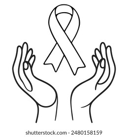 Ribbon in hands, symbolizing measures to prevent disease. You can edit the color.