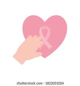ribbon in heart with hand flat style icon design, breast cancer awareness campaign and prevention theme Vector illustration