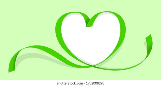 ribbon heart shape green isolated on green pastel, ribbon line green heart-shaped, heart shape ribbon stripes green, copy space, border tape curl heart shaped for decoration greeting valentine's day