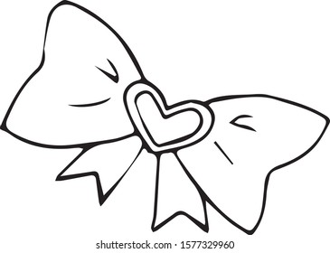 Ribbon with heart single element hand drawn doodle style. Vector illustration. Black outlines isolated on white background. Valentine's day design for invitations, wedding or greeting cards.