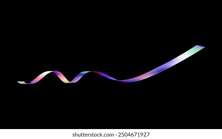 Ribbon holographic wave on black isolated background. This abstract vector features a dynamic spectrum rainbow swirl ribbon suitable for a variety of design needs.