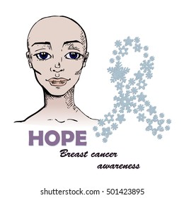 Ribbon of Hope. Portrait of a beautiful girl with no hair. Bald woman suffering from cancer. Vector illustration