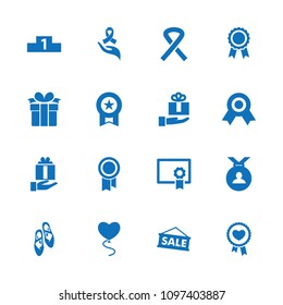 Ribbon icon. collection of 16 ribbon filled icons such as medal, ballet shoes, diploma, ranking, sale, gift on hand, heart baloons. editable ribbon icons for web and mobile.