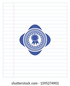 ribbon icon emblem with pen effect. Blue ink. Vector Illustration. Detailed.