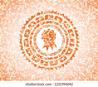 ribbon icon inside abstract emblem, orange mosaic background